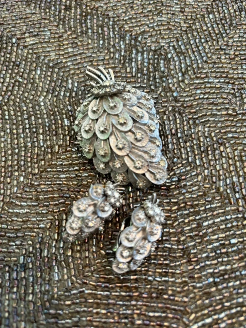Vintage Crystal Pinecone Brooch and Clip-On Earrings - Silver Tone